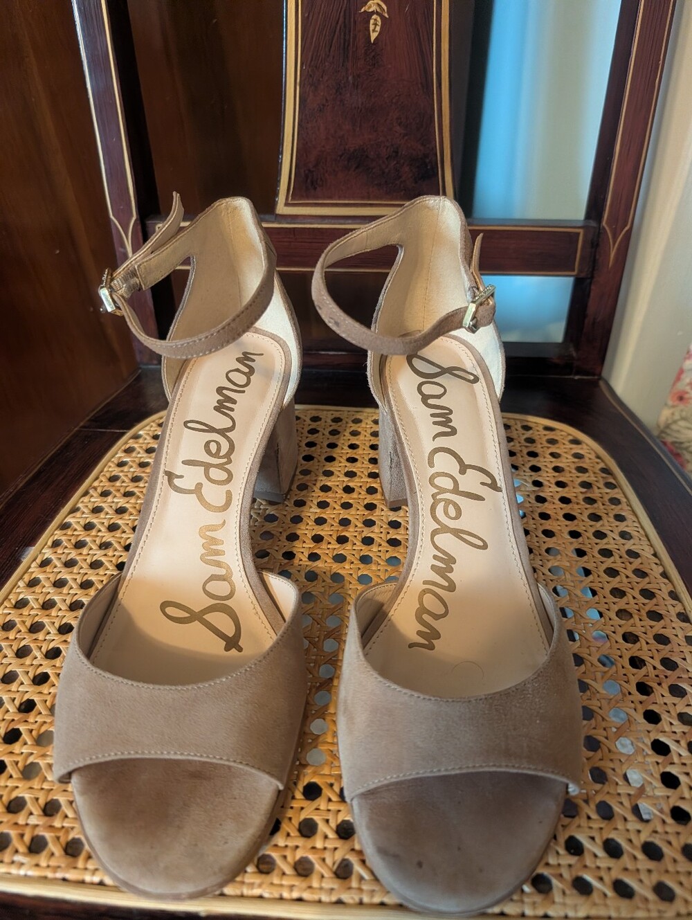 Sam Edelman Taupe Suede Open-Toe Ankle Strap Block Heels